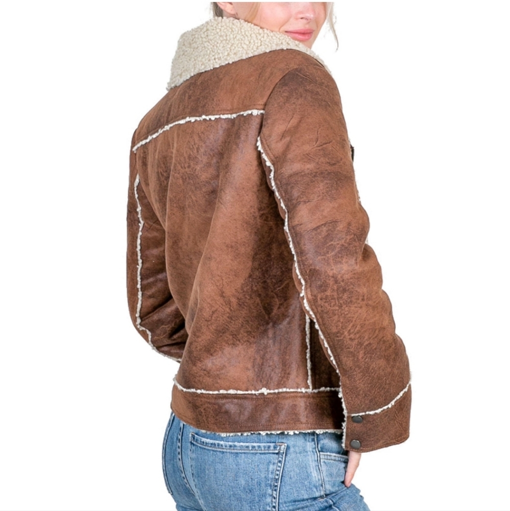 🏷️Marrakech Marissa Sherpa Lined Moto Jacket Women's Distressed Brown Large - Picture 4 of 5